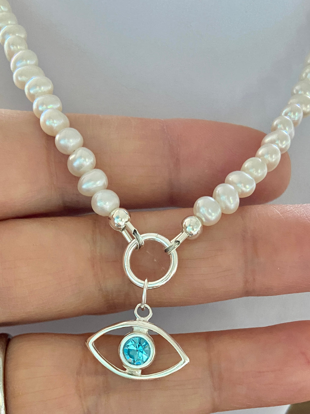 925 silver Aqua eye and freshwater  pearl necklace