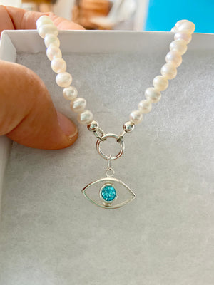 925 silver Aqua eye and freshwater  pearl necklace