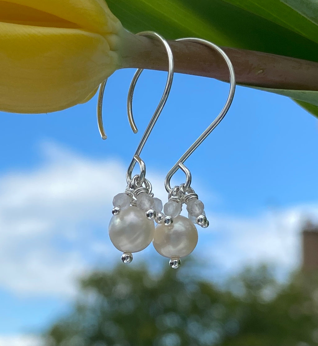 rose quartz & fresh water pearl earrings on C wires