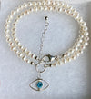 925 silver Aqua eye and freshwater  pearl necklace