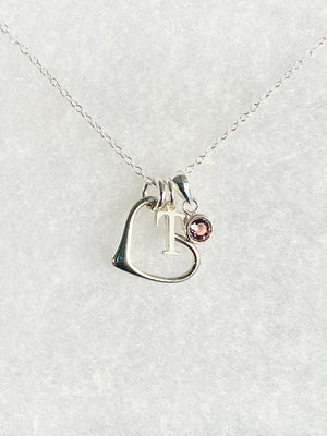 Folk heart, initial and birthstone necklace