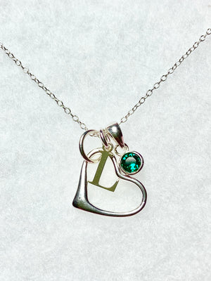 Folk heart, initial and birthstone necklace