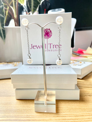 Pearl earrings with chain tassel dangle