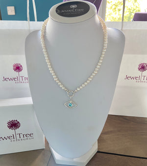 925 silver Aqua eye and freshwater  pearl necklace